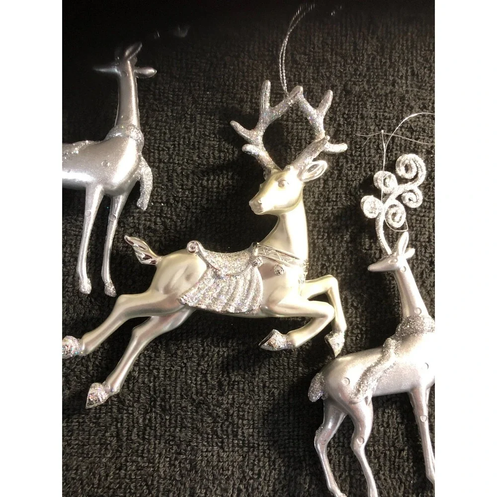 3 ~ Silver Cast Metal Reindeer Ornaments Leaping Prancing Fine Glitter READ